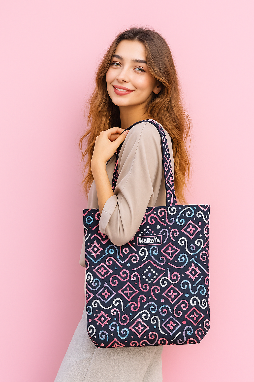 กระเป๋าผ้าพับเก็บได้ แบรนด์นารายา  ลายชนเผ่า NaRaYa Foldable Shopping Bag L