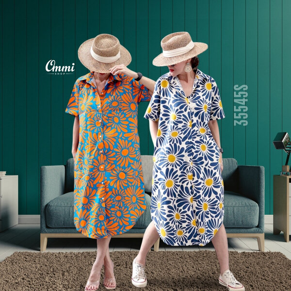 Ommishop 35545S ชุดเดรสแฟชั่น ปกเชิ้ตแขนสั้นชายโค้ง ลายดอกทานตะวัน Cotton Japan 100% (Bonus)[35545]