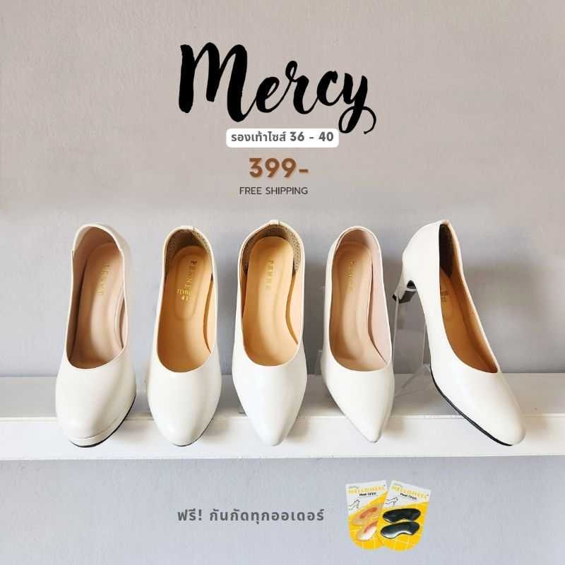 TH ส่งจากไทย TH รองเท้าคัชชู สีขาว ส้นสูง 2-3 นิ้ว Mercy มีกล่อง FREE กันกัด