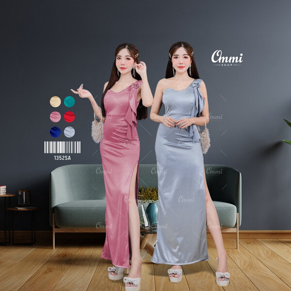 Ommishop ชุดราตรี 1352SA ไหล่เดี่ยว อกหัวใจ แต่งดอกไม้ผ้าซาตินเงา เดรสออกงาน ชุดงานแต่ง เพื่อนเจ้...