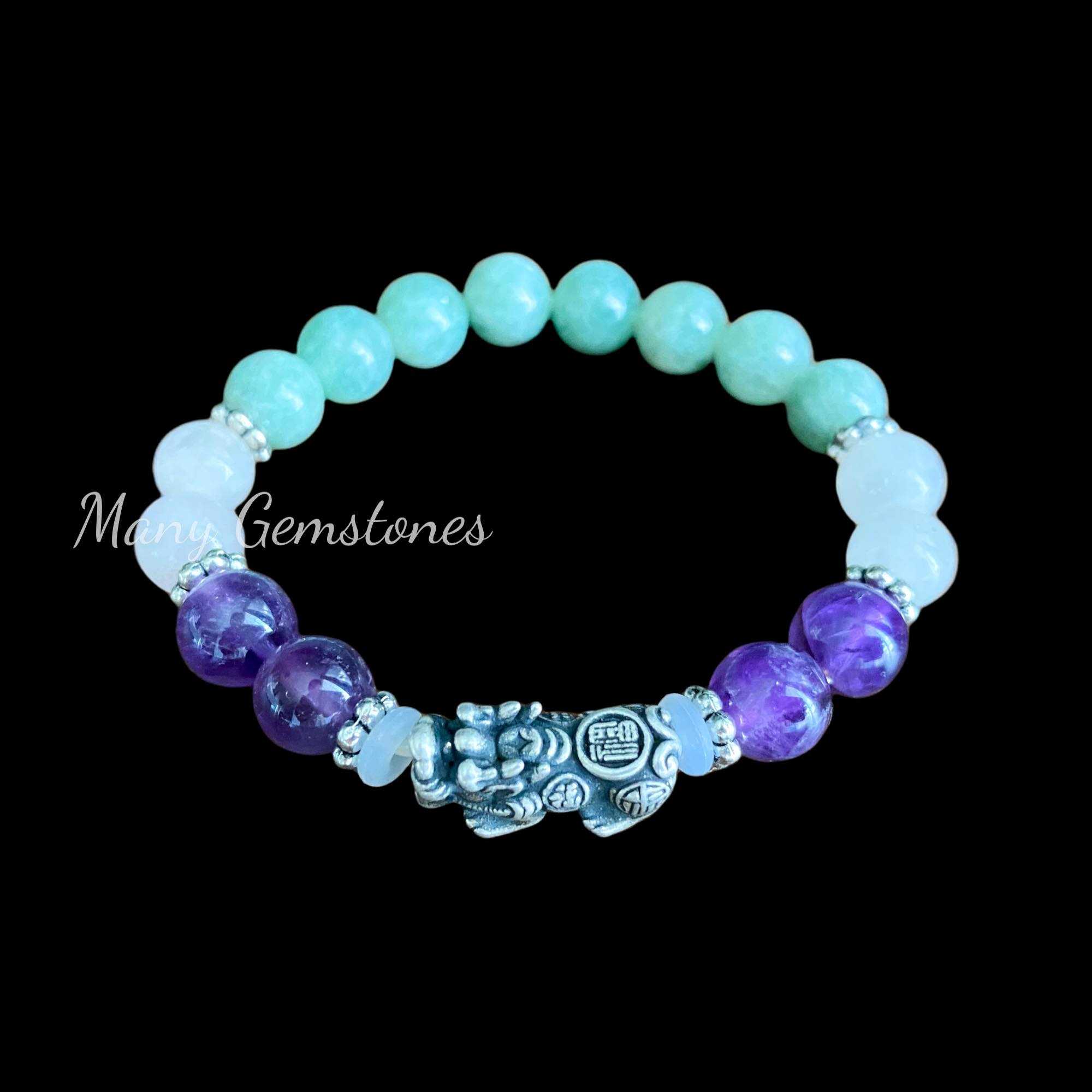 กำไลหินมงคล สร้อยข้อมือหินมงคล ปี่เซียะเงินแท้ Jade + Amethyst + Rose Quartz