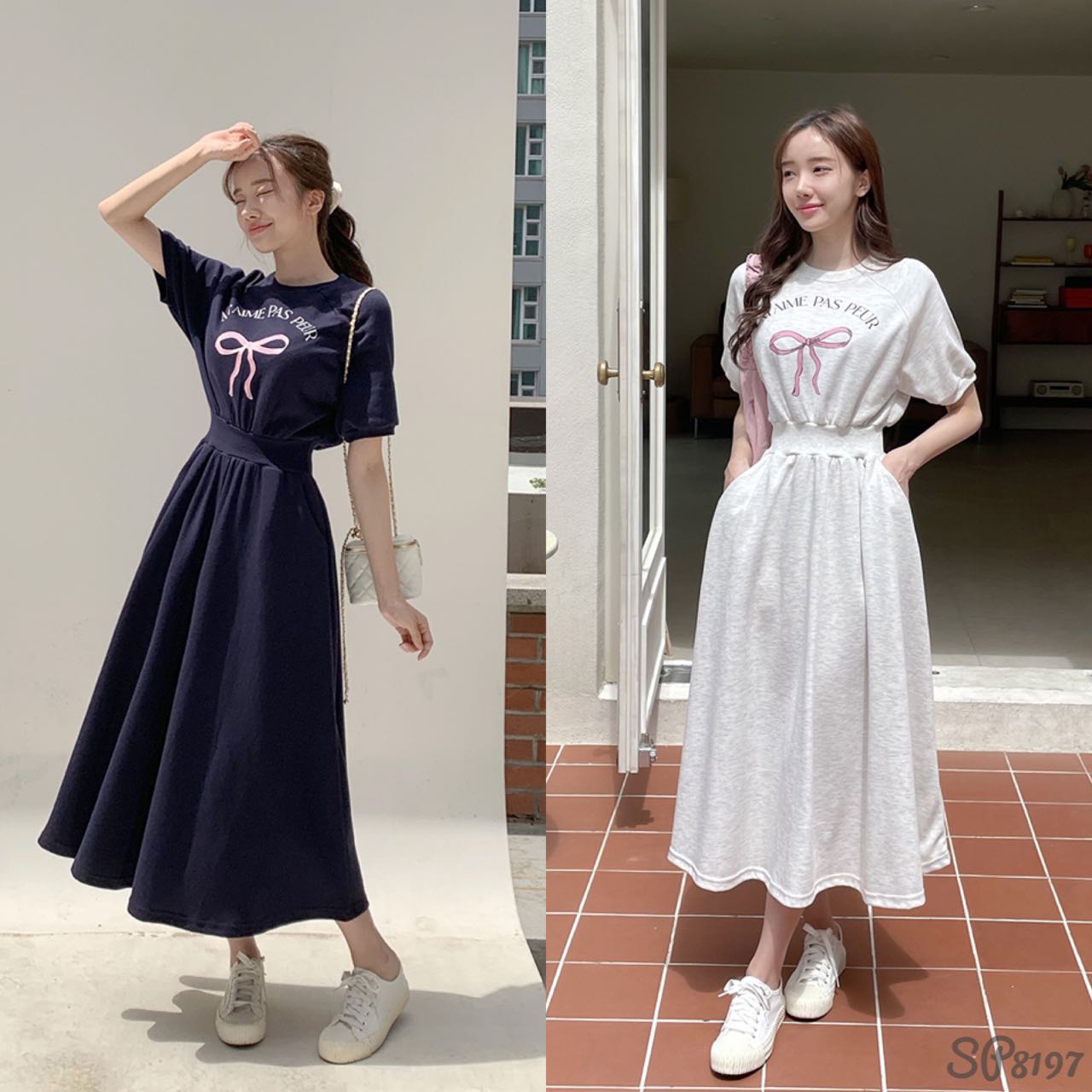 เดรสเกาหลี🎀 สม็อคเอว น่ารักมากๆ มีกระเป๋าข้างลำตัว2ข้าง ใส่สบาย
