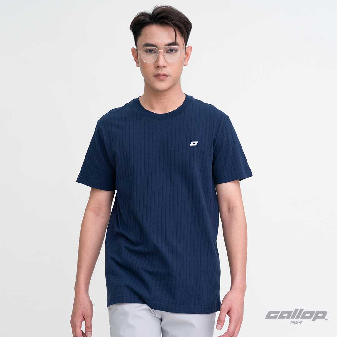 GALLOP : เสื้อยืดคอกลมผ้าชักร่องผู้ชาย (Rib) สีพื้น รุ่น GT9185 สี Navy Blue - กรมท่า