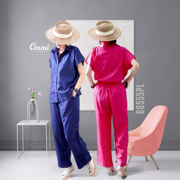 Ommishop 66555PL ชุดเซ็ท เสื้อแขนสั้นคอปก และกางเกงขายาว ลายดิจิตอล เก๋ๆ ผ้าลินินอินเดีย 100% (Bo...