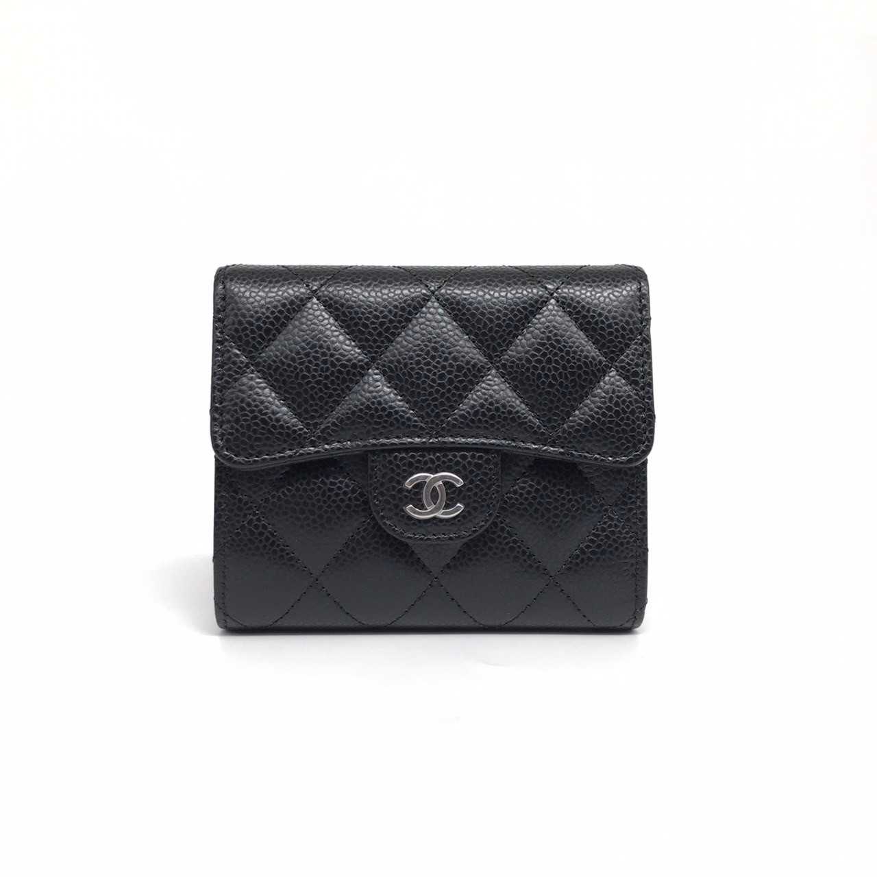 New Chanel Tri-fold wallet black caviar shw microchip CU28UT82