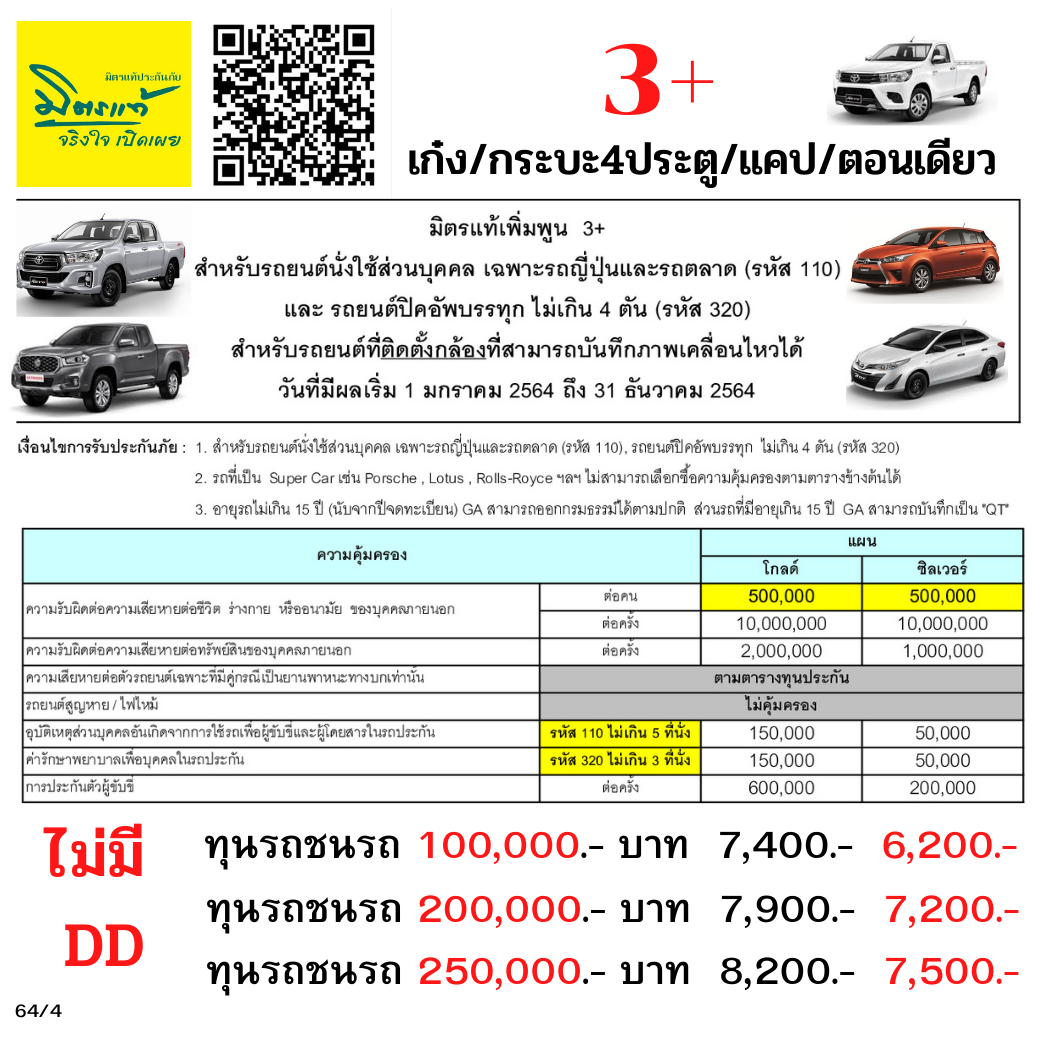 3+ มิตรแท้ประกันภัย เก๋ง / กระบะ 4ประตู /กระบะแคป /ตอนเดียว รถชนรถ ซ่อมเค้า ซ่อมเรา