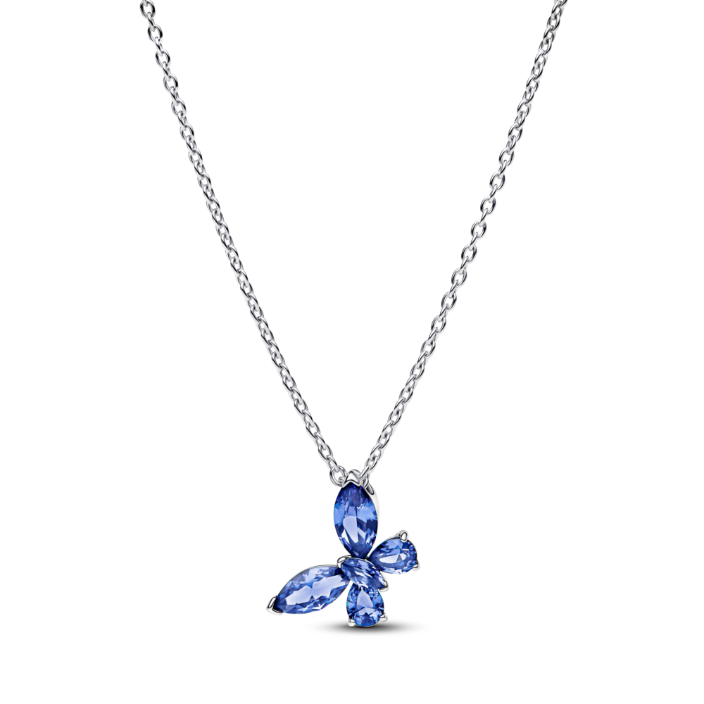 Butterfly sterling silver collier with cornflower blue crystal and clear cubic zirconia