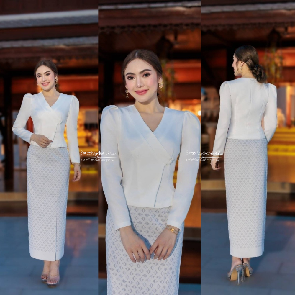 ชุดผ้าไทย ชุดเซ็ท เสื้อไหมญี่ปุ่น ทรงเจ้านาง แขนยาว ผ้าถุงผ้าฝ้ายทอลาย สีเทาเงิน ใส่ไปวัดทำบุญ
