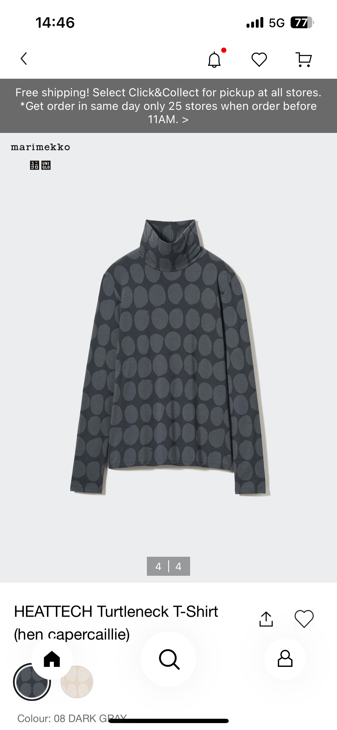 Uniqlo Marimekko Heattech Turtleneck Long Sleeve T-Shirt - Size L  Color : Dark Grey