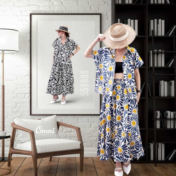 Ommishop 55569S ชุดเซ็ท เสื้อคอปกแขนสั้น และกระโปรงยาว ลายดอกทานตะวัน Cotton Japan 100% (Bonus)[5...