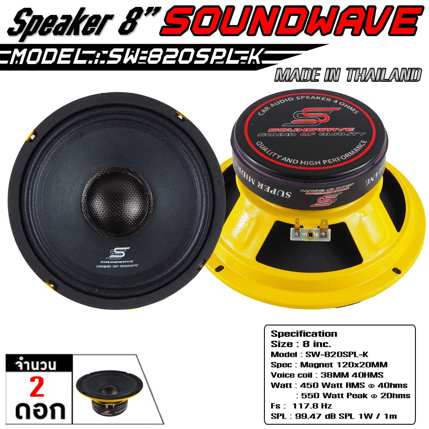 ดอกเสียงกลาง 8นิ้ว SW-820SPL-K SOUNDWAVE หมวกเคฟล่าแท้ ว๊อยลวดแบน