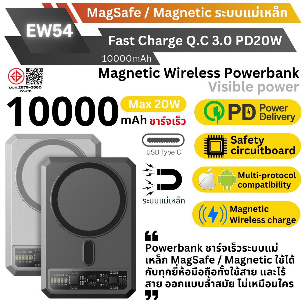 MagSafe! EW54 10000 mAh PD 20W สีเทา / Grey แถมซอง & สายชาร์จ สินค้าจัดส่งฟรี!