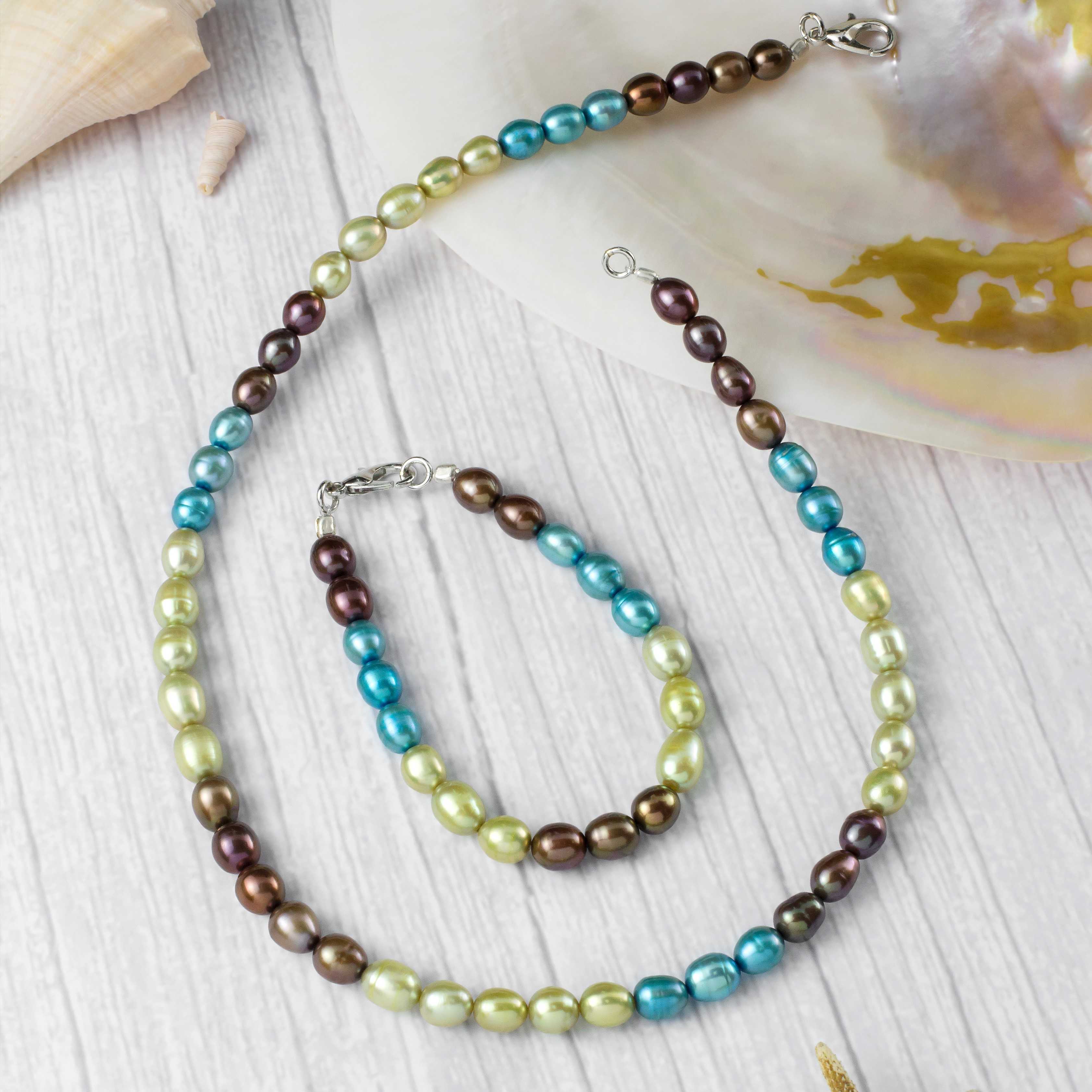 สร้อยคอไข่มุกแท้ FW01 | สร้อยข้อมือไข่มุกแท้ BL24 สีเขียว-ฟ้า-น้ำตาล