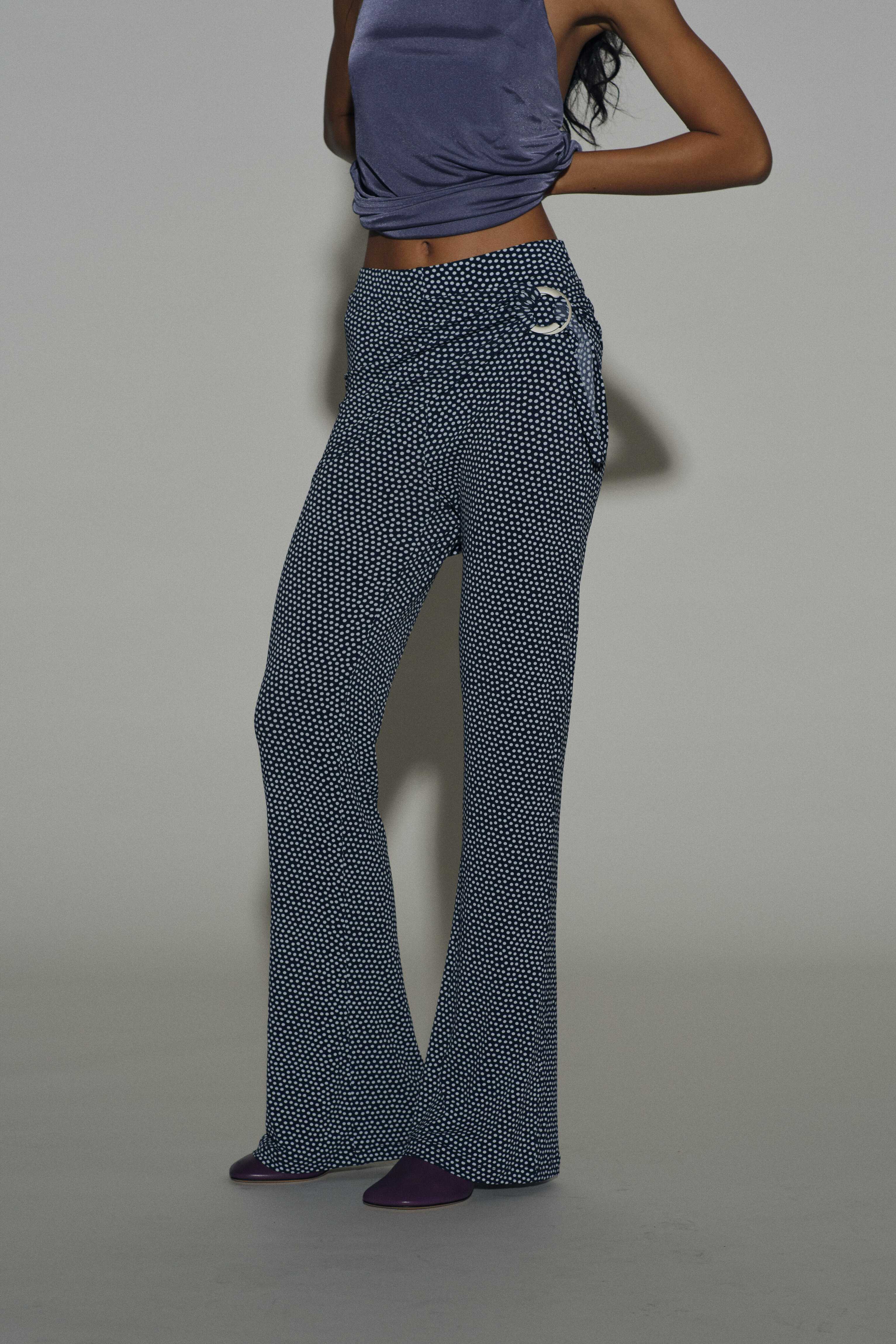 Metal Belt Flared Pants - Polkadot