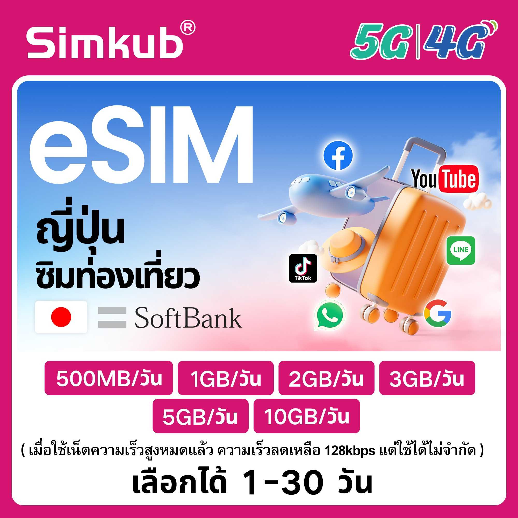 eSIM Japan เครือข่าย SoftBank ซิมท่องเที่ยว ญี่ปุ่น เน็ต 500MB-10GB/วัน รองรับ 5G/4G