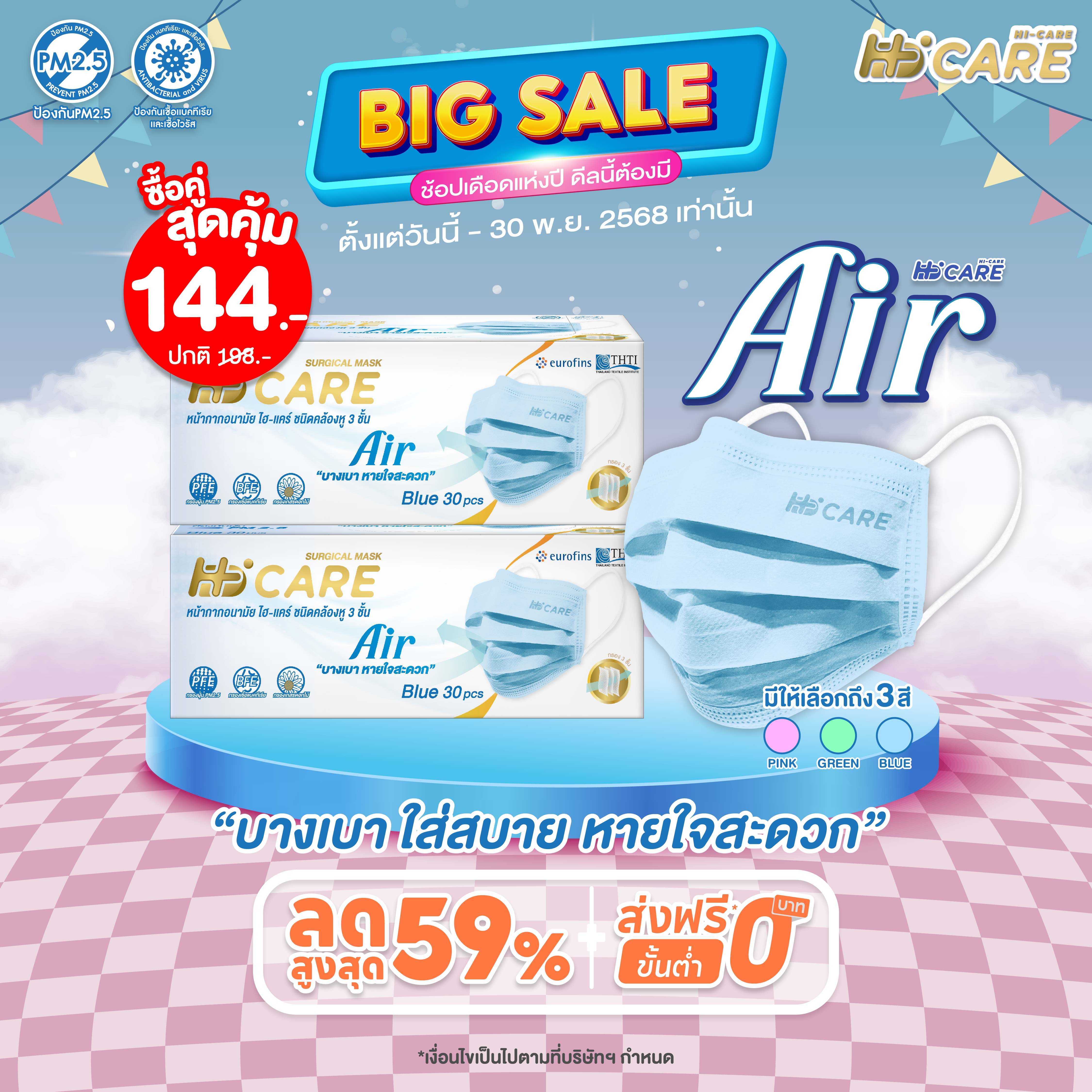 Hi-Care Air สีฟ้า[เซทคู่สุดคุ้ม] หน้ากากอนามัย เบาสบายหายใจสะดวก ไม่ระคายเคือง (จำนวน  2 กล่อง )