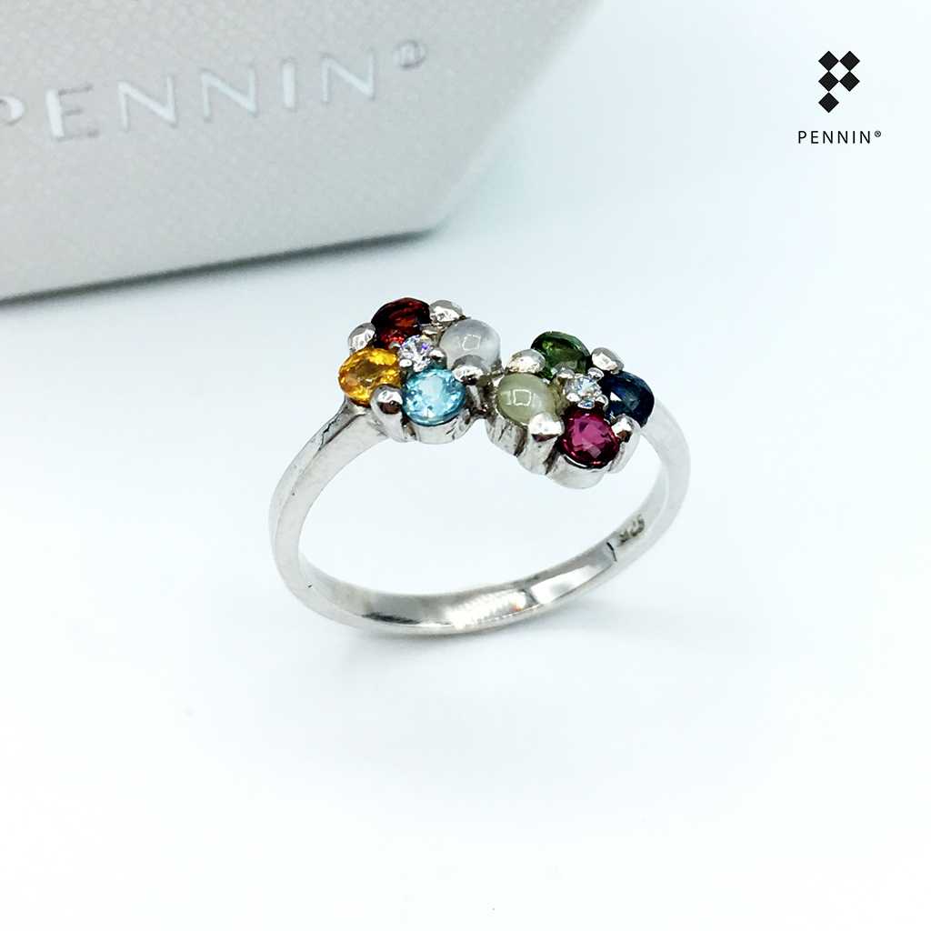 [SALE20%]RW49312W แหวนนพเก้ารูปดอกไม้คู่  ตามตำราไทย เงินแท้  ดีไซน์น่ารัก เสริมโชคลาภ สิริมงคล