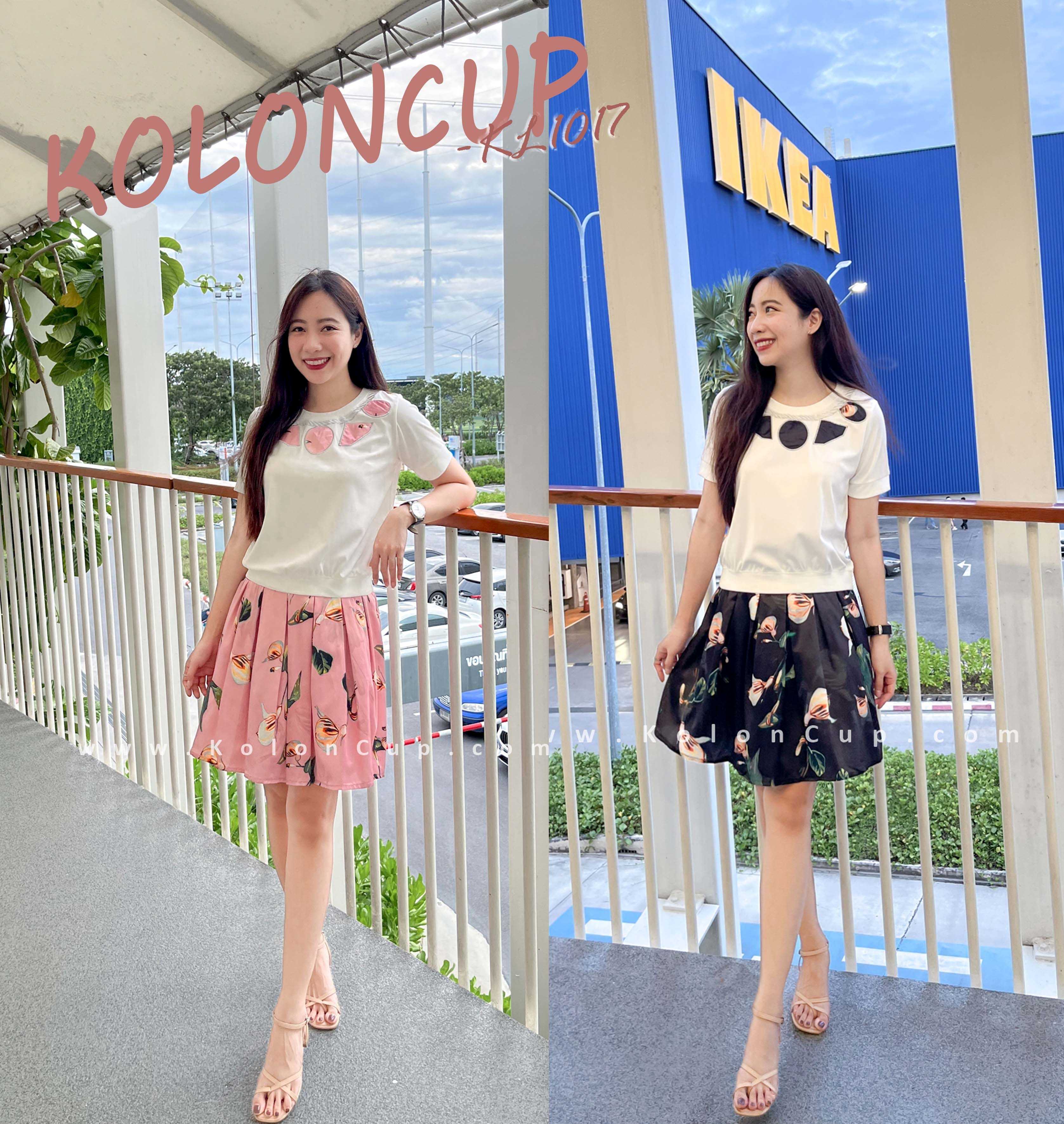 KolonCup  KL1017 ชุดเซ็ทเสื้อพร้อมกระโปรงลายดอกไม้ มี 2 สี  ชมพู,ดำ