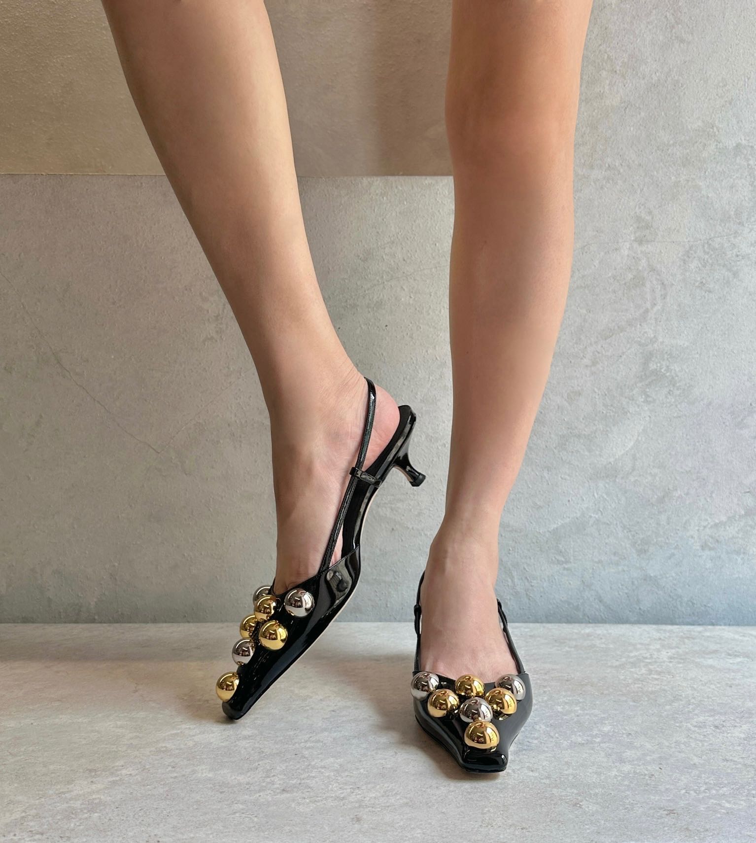 A.W.A.K.E. MODE  RITA BIG KITTEN HEEL WITH SILVER AND GOLD EMBELL - PATENT LEATHER BLACK SILVER GOLD