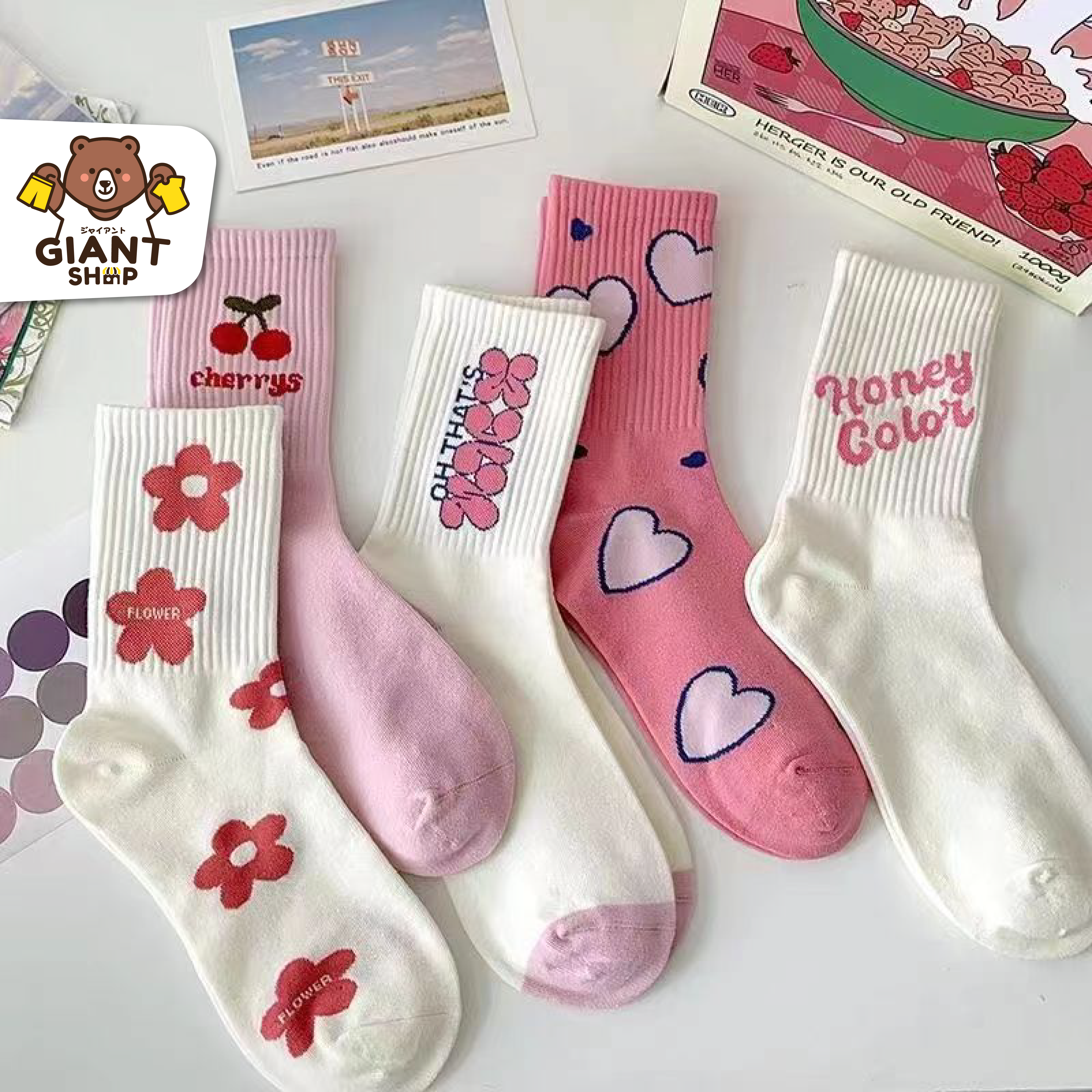 GIANTSHOP ถุงเท้ายาว ชมพูพาสเทล หวานน่ารัก (N-1419)