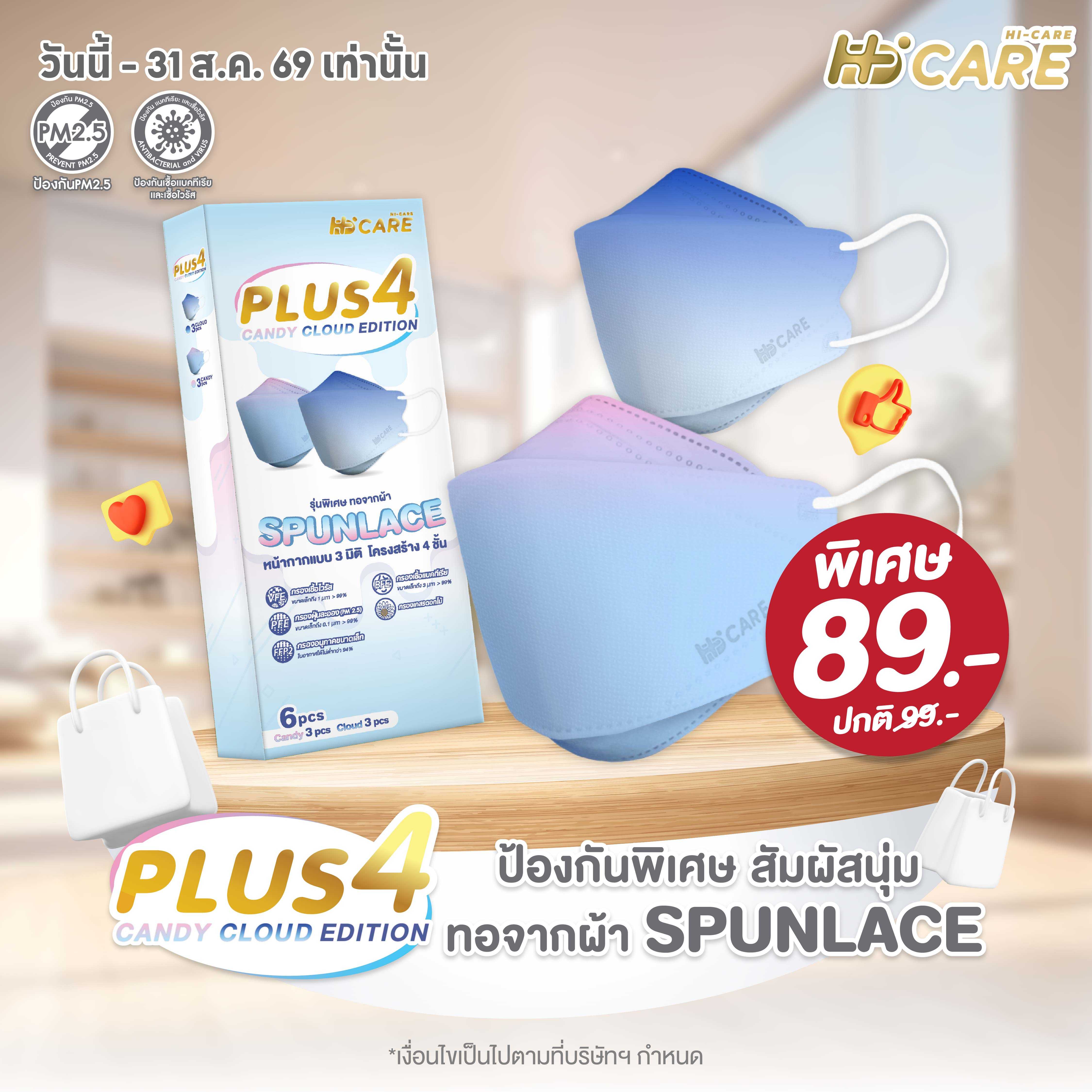 Hi-Care PLUS4 รุ่นผ้าทอพิเศษ จากผ้า SPUNLACE  รูปทรง 3 มิติ  (รองรับ PM2.5) แผ่นกรอง 4 ชั้น / 6 ชิ้น