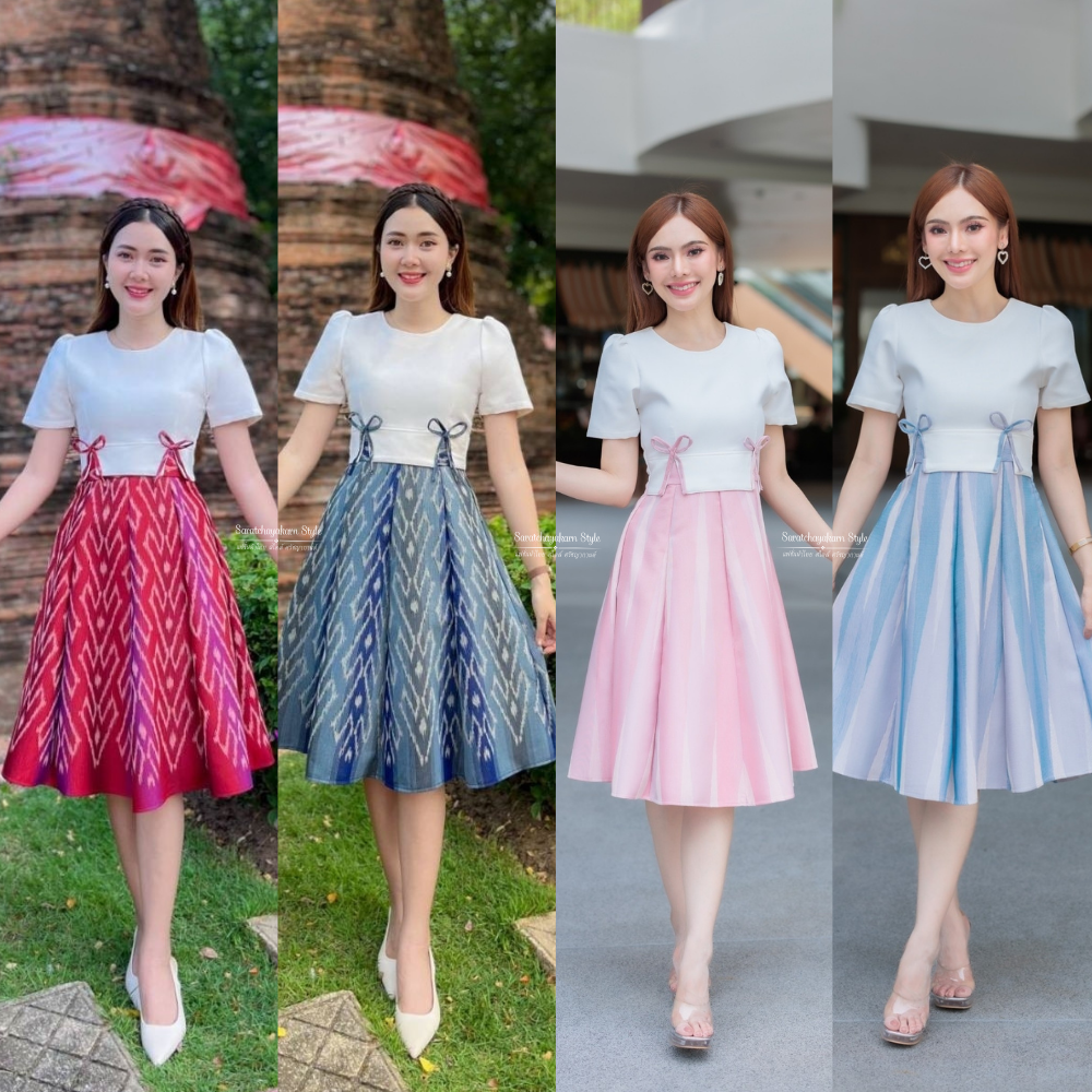 ชุดเดรสผ้าไทย ชุดเดรสผ้าทอลาย สีพาสเทล คอกลม แต่งโบว์เอว ผูกโบว์เองได้ กระโปรงบาน 8 ชิ้น น่ารักมาก