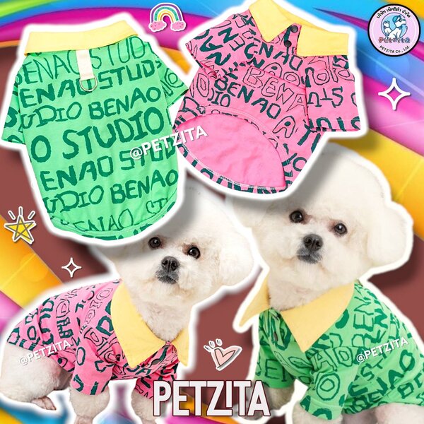 🇹🇭พร้อมส่ง🇹🇭🌈 เสื้อลายสุดเท่ห์ คอปกสีเหลือง ✨️ เสื้อสัตว์เลี้ยง สุนัข หมา แมว