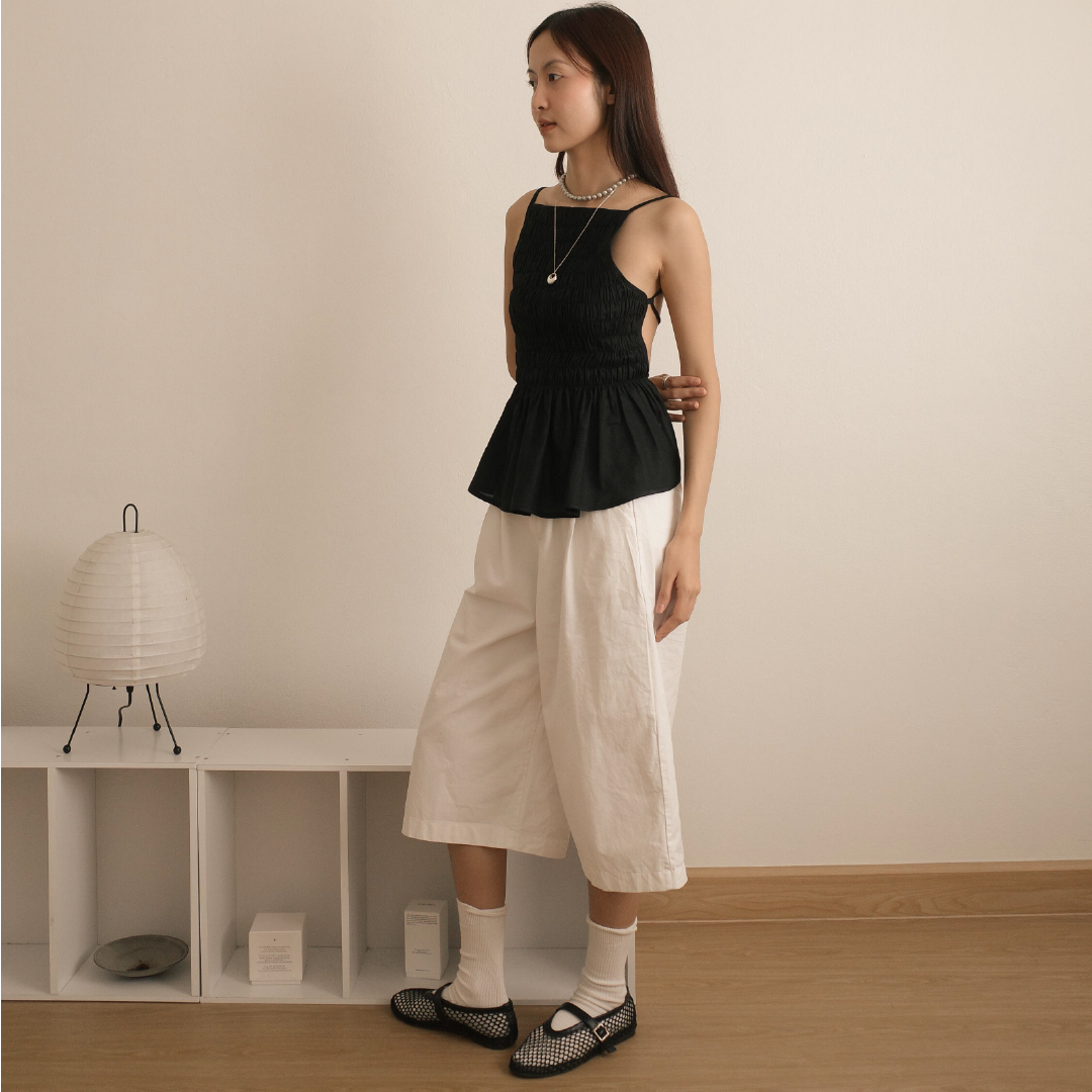 Marie smocked top in black linen