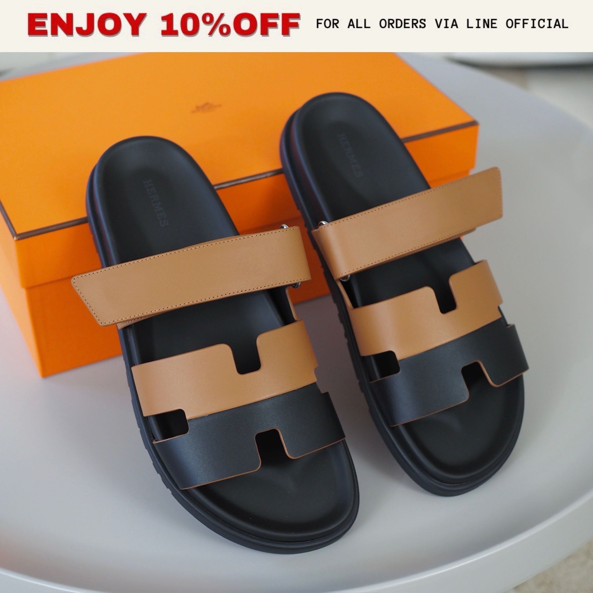 NEW! HERMES Chypre Sandals สี Naturel/Noir | Shoes