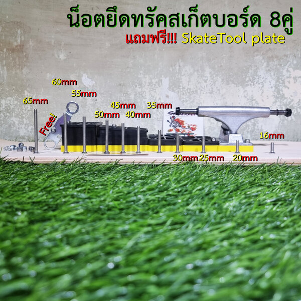 [0309][ลด50%] น็อตยึดทรัคสเก็ตบอร์ด stainless ยาว 16-65mm ไม่เป็นสนนิม 8คู่ ฟรี skate tool plate ...