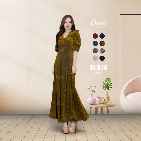 Ommishop ชุดราตรี 1965V แขนสั้นคอปกจีบโบว์อก ผ้า Glitter เดรสออกงาน ชุดงานแต่ง เพื่อนเจ้าสาว