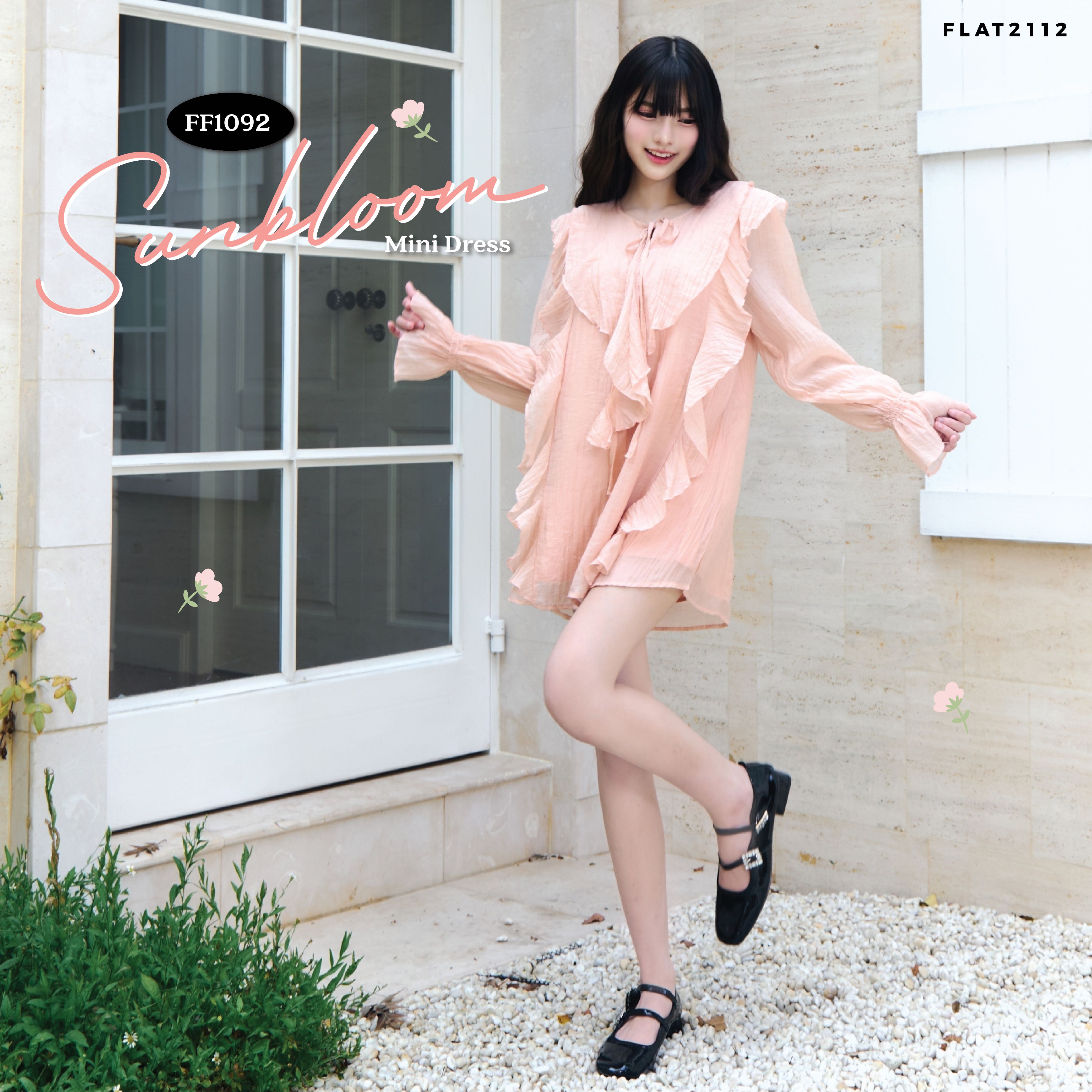 FLAT2112 FF1092 : SUNBLOOM MINI DRESS เดรสสั้น เดรสแต่งระบาย เดรสแขนยาว ชุดออกงาน แฟชั่นผู้หญิง