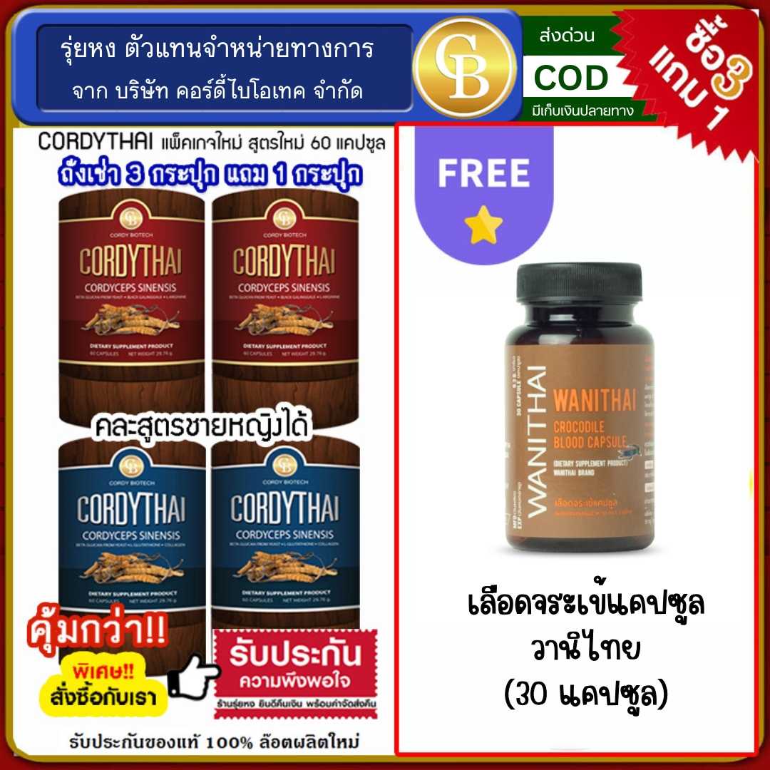 Cordythai (โปร3แถม1) ถั่งเช่าคอร์ดี้ไทย 4 กระปุก ฟรี เลือดจระเข้วานิไทย 30 เเคปซูล