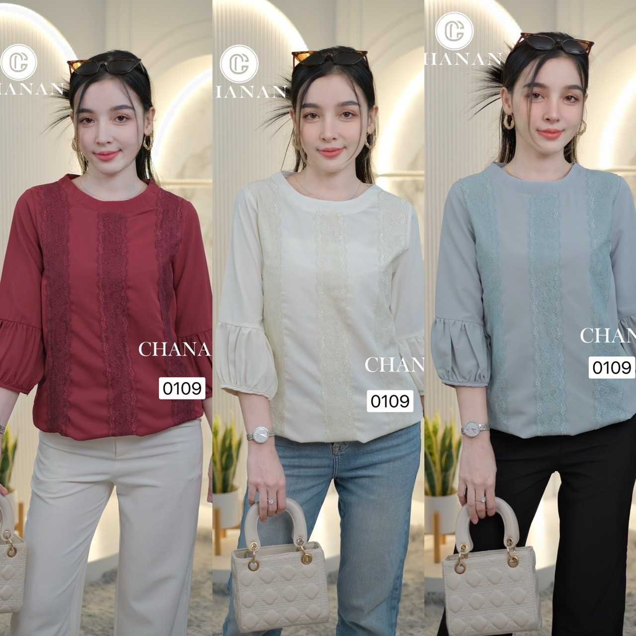 0109 เสื้อผ้าชีฟอง แขน5ส่วน แต่งลูกไม้สวยมาก ผ้าไม่บาง นิ่ม ใส่สบาย มี3สี