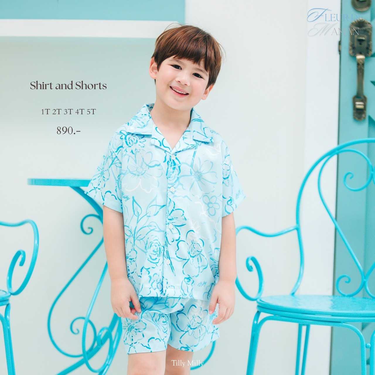 Tilly Milly เซ็ทเด็กผู้ชาย กางเกงขาสั้น ( ลายดอกไม้สีฟ้า ) - Fleur de Maman