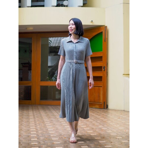 2MUAY รุ่น GJO11489 เดรสพลีทคุณภาพ THICK COLLAR BUTTON FRONT PLEATED DRESS 5 สี FREE SIZE