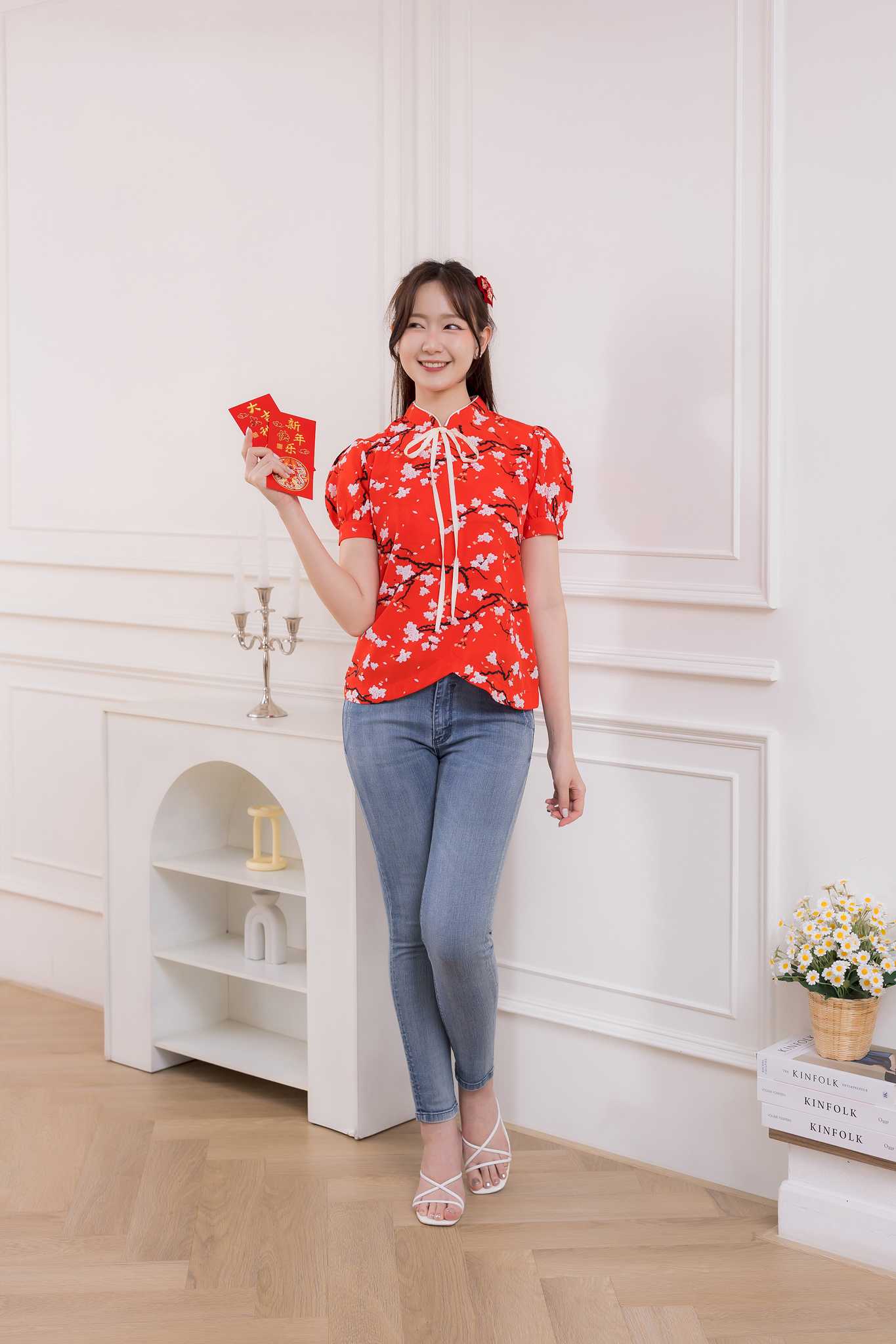 ชุดให้นมตรุษจีน Red  sakura curve  top