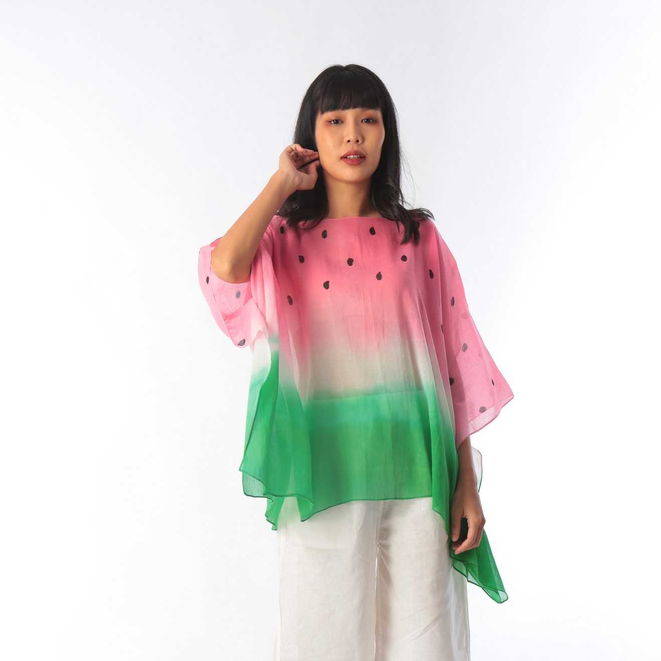 ( Pre-order) Poncho Cotton Voie Blouse Hand paint For Summer Beach Vacation