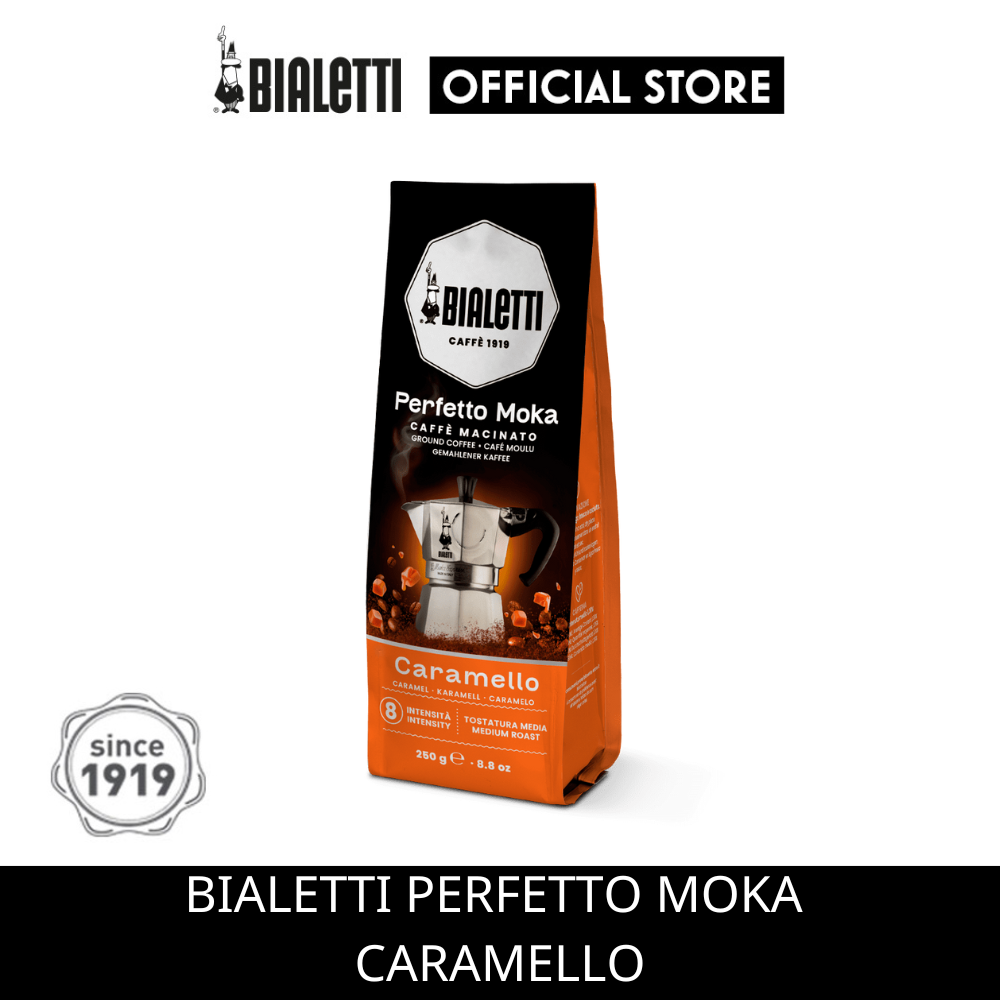 Bialetti Perfetto Moka Caramello กาแฟคั่วบดแท้ คาราเมล 250g ความเข้มข้นระดับ 8  /F-BL-PCR250