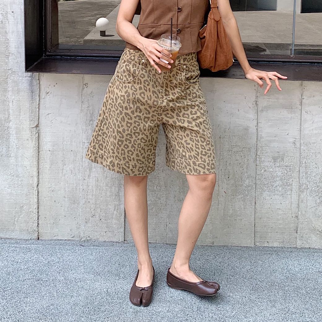 Tan leopard denim shorts