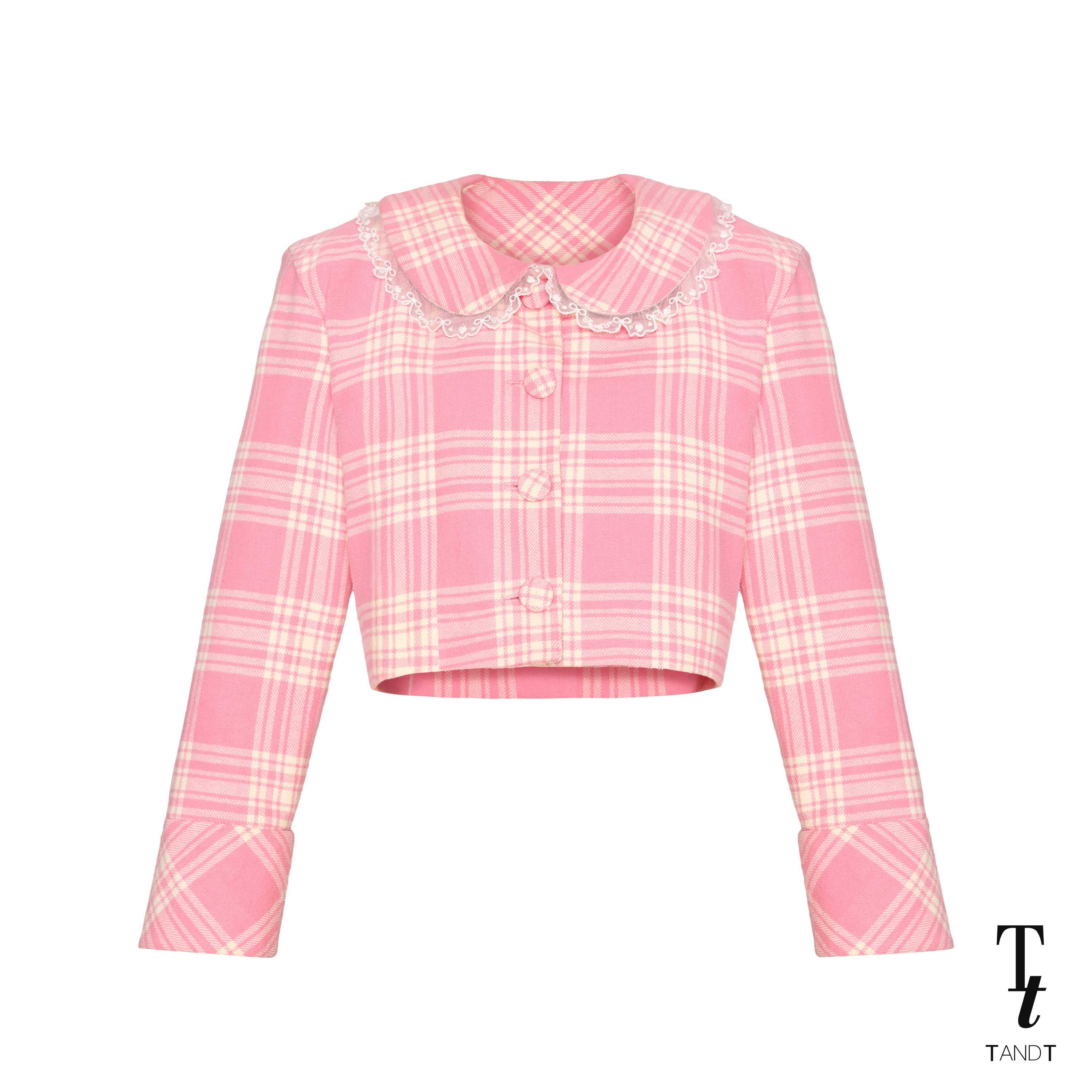 TandT - ERIN TOP - PETER PAN COLLAR FRONT BUTTON CLOSURE CHECKED JACKET
