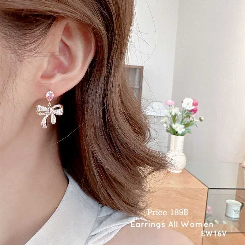EW16V  ต่างหูโบว์ สีชมพู เพชรCZ  เครื่องประดับผู้หญิง