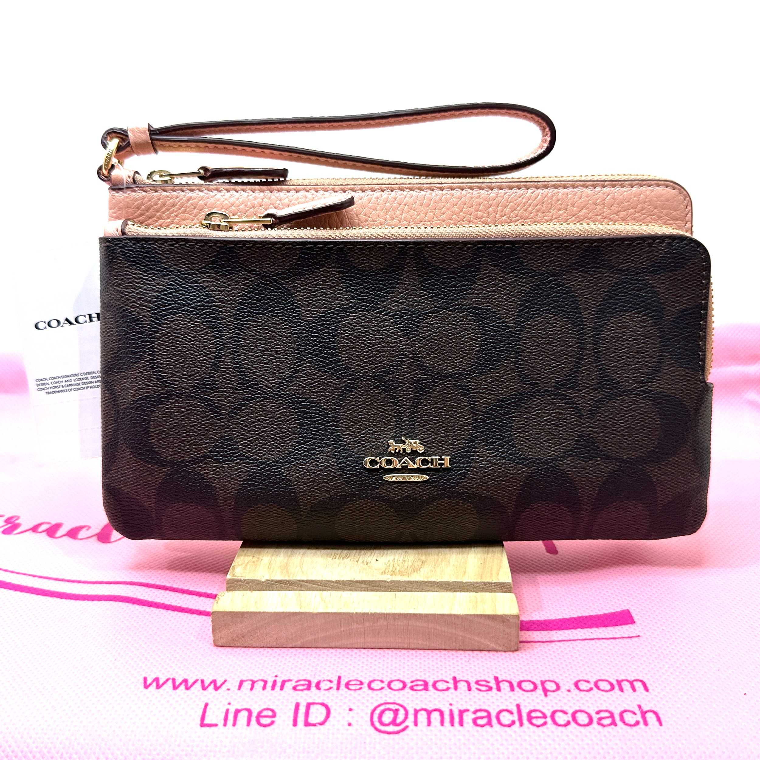 กระเป๋าสตางค์คล้องมือ COACH ของแท้ มือหนึ่ง  2 ซิป ใบยาว C5576 LARGE DOUBLE CORNER ZIP SHELL PINK