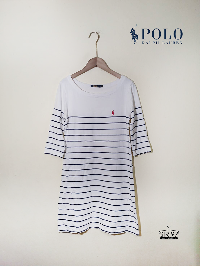 เดรสยืดคอกลมแขนยาว PoloRalplaure ลายทาง สีขาวกรมท่า สภาพ85%  SIZE L