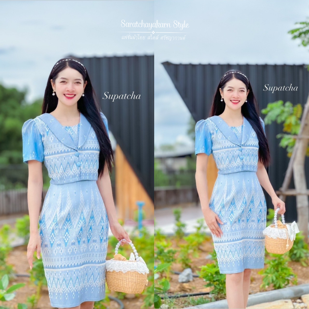 เดรสผ้าไทย เดรสผ้าทอลาย แต่งกั๊ก คอปกสูท ทรงสอบ งานผ้าฝ้ายทอลายอัดกาวทั้งชุด  งานสวย สีสวย ไม่มีสีตก