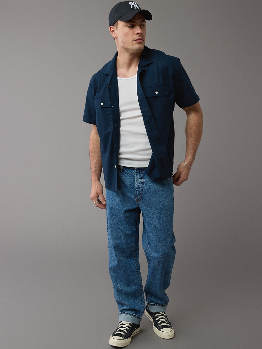 เสื้อเชิ้ต ผู้ชาย HURRICANE BLUE SS OVERSIZED CAMP COLLAR CURTIS LINEN SHIRT ( 015-6319-410 )