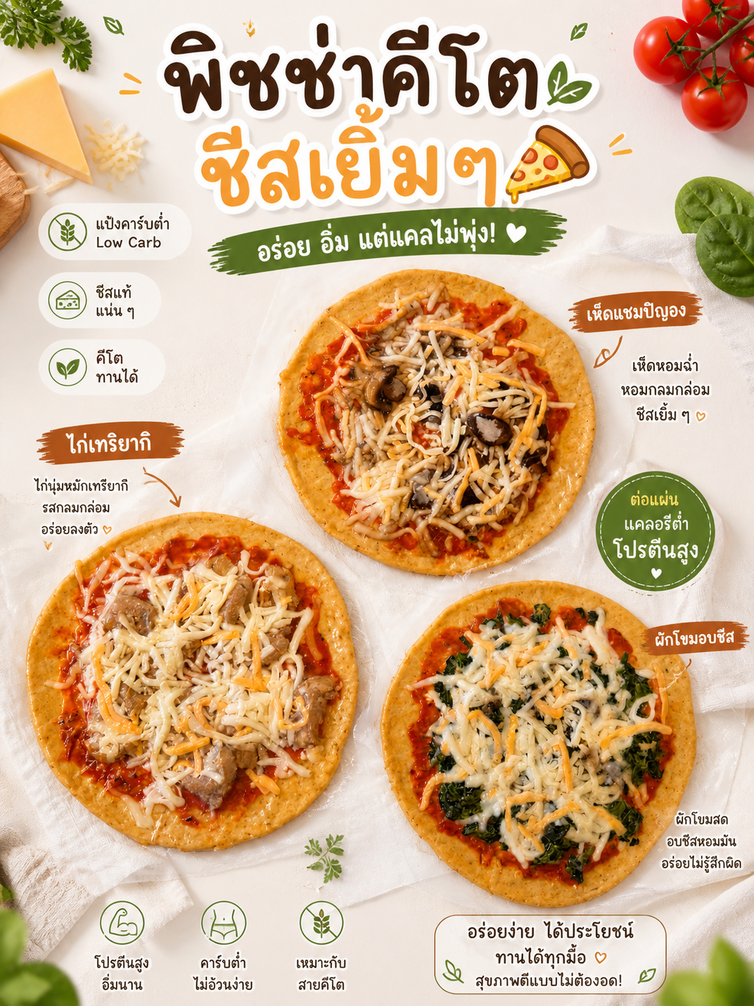 พิซซ่าคีโต แป้งหนานุ่ม แป้งคีโต ไร้น้ำตาล ทานแล้วไม่อ้วน