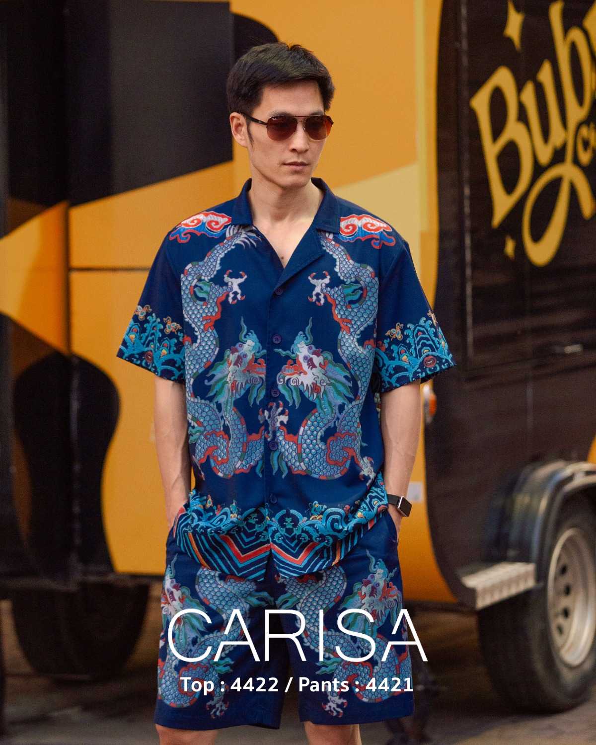 [4422] เสื้อโปโลพิมพ์ลายมังกรทั้งด้านหน้าและด้านหลัง กระดุมหน้าเนื้อผ้าซาตินผสม ลายพิมพ์คมชัด