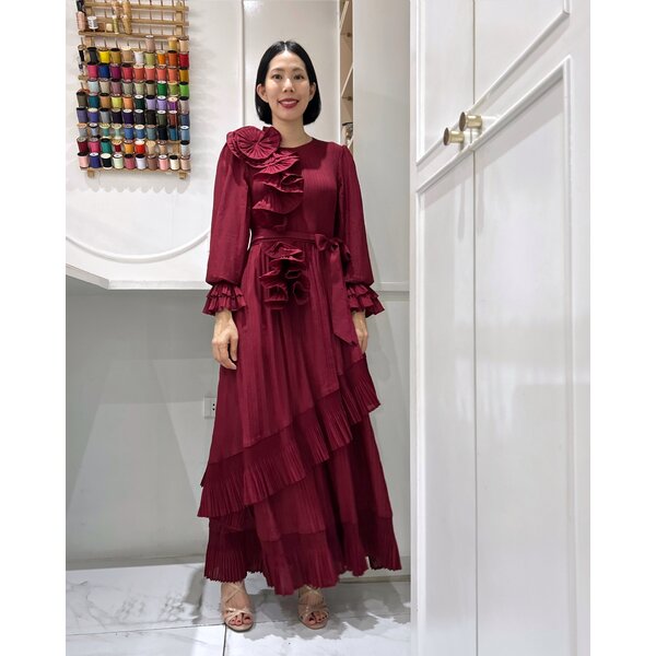 2MUAY รุ่น GA92016 ผ้าMatte เดรสอัดพลีท DRAPED RAFFLE LAYER PLEATED DRESS 7 สี FREE SIZE
