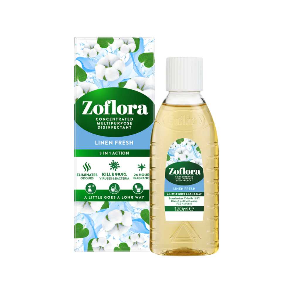 Zoflora Disinfectant Linen Fresh 3IN1 น้ำยาฆ่าเชื้อกลิ่นลินินเฟรช ชนิดเข้มข้นแบบมีกลิ่นหอม 120 มล.